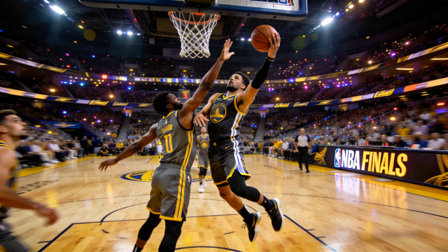 NBA总决赛现场比赛画面，球员在篮下激烈对抗并进行关键进攻回合