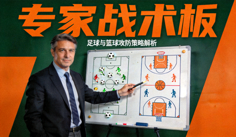 专家战术板栏目封面图，教练在战术板前讲解足球与篮球攻防策略